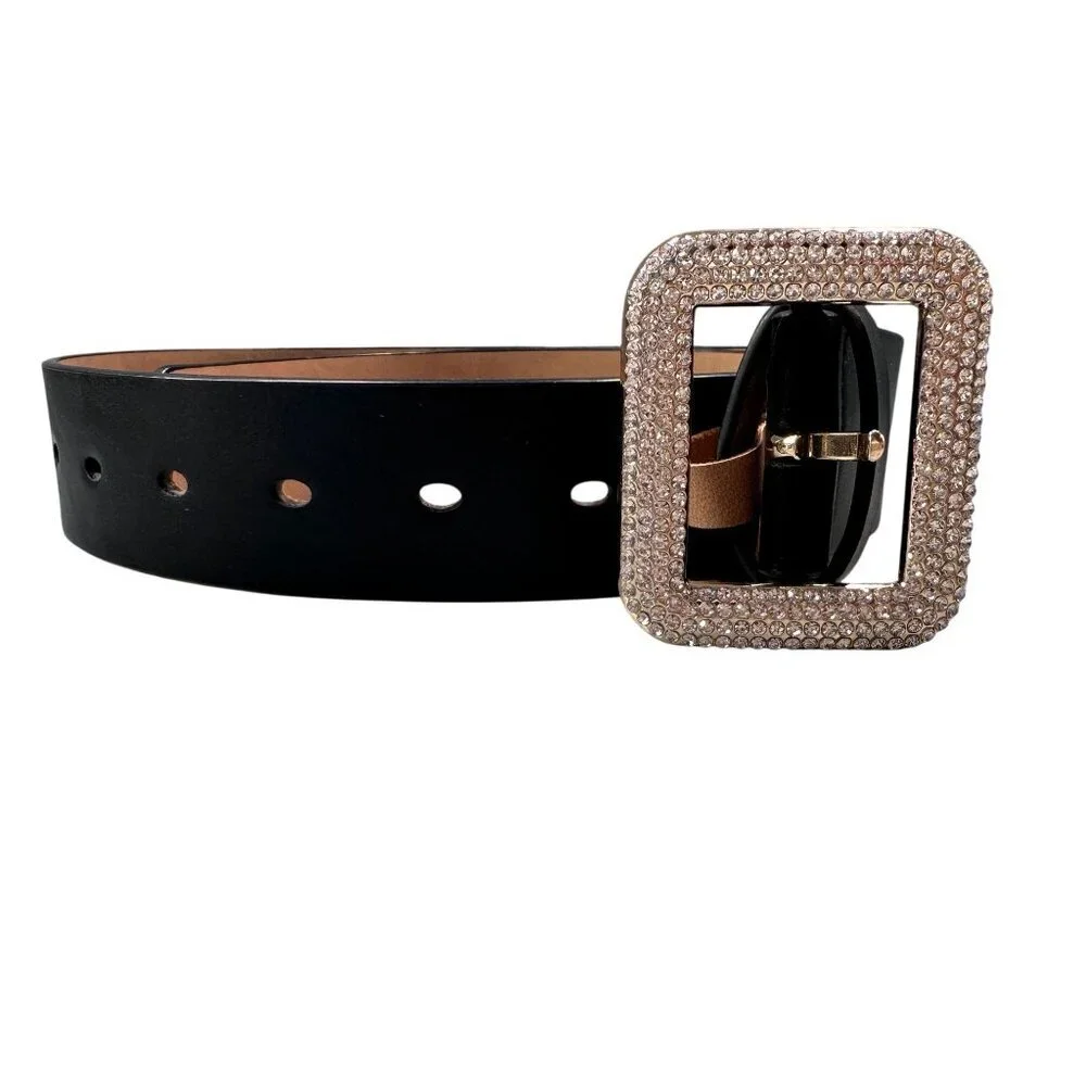 Rhinestone Statement Belt Square Buckle Accessories Women Black